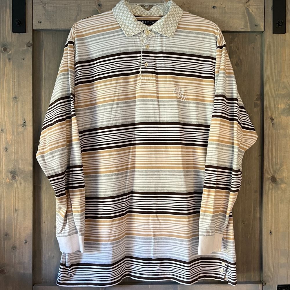 VTG 90s Def Jam University‎ Shirt Men's XL Long Sleeve Polo Rugby Brown Stripe